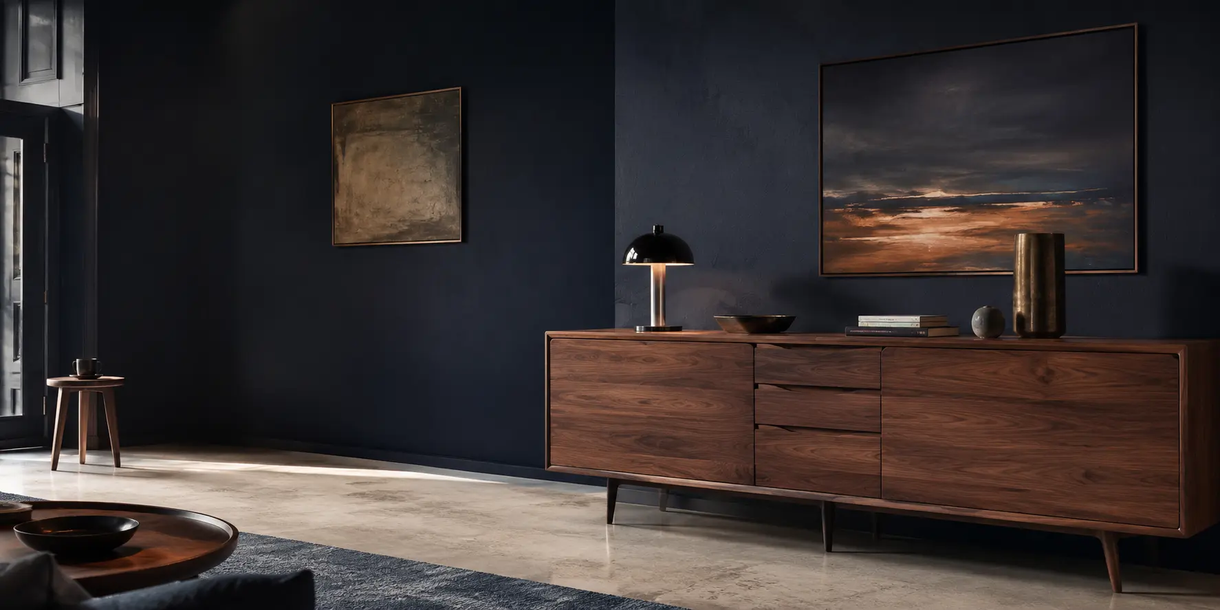 Premium walnut furniture in a contemporary navy interior